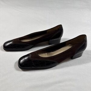 Salvatore Ferragamo Pumps Women 10.5 A2 Brown Croc Embossed Leather Suede Italy